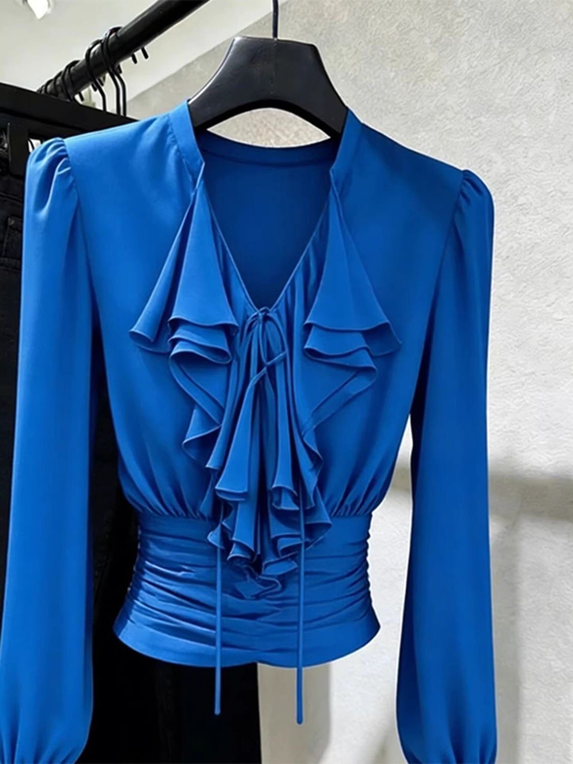 Blus Biru Royal dengan Kerah V - Women Formal Blouses For Evening Wear ulasan dan harga
